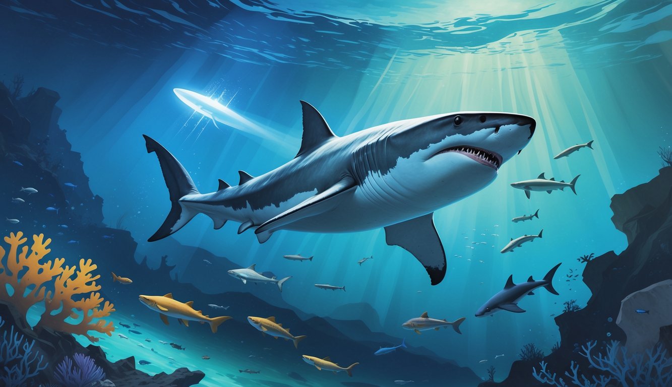 A large Megalodon shark swimming in deep ocean waters surrounded by smaller marine creatures, with visual hints of extinction theories like an asteroid silhouette, ocean temperature changes, and competing predators.