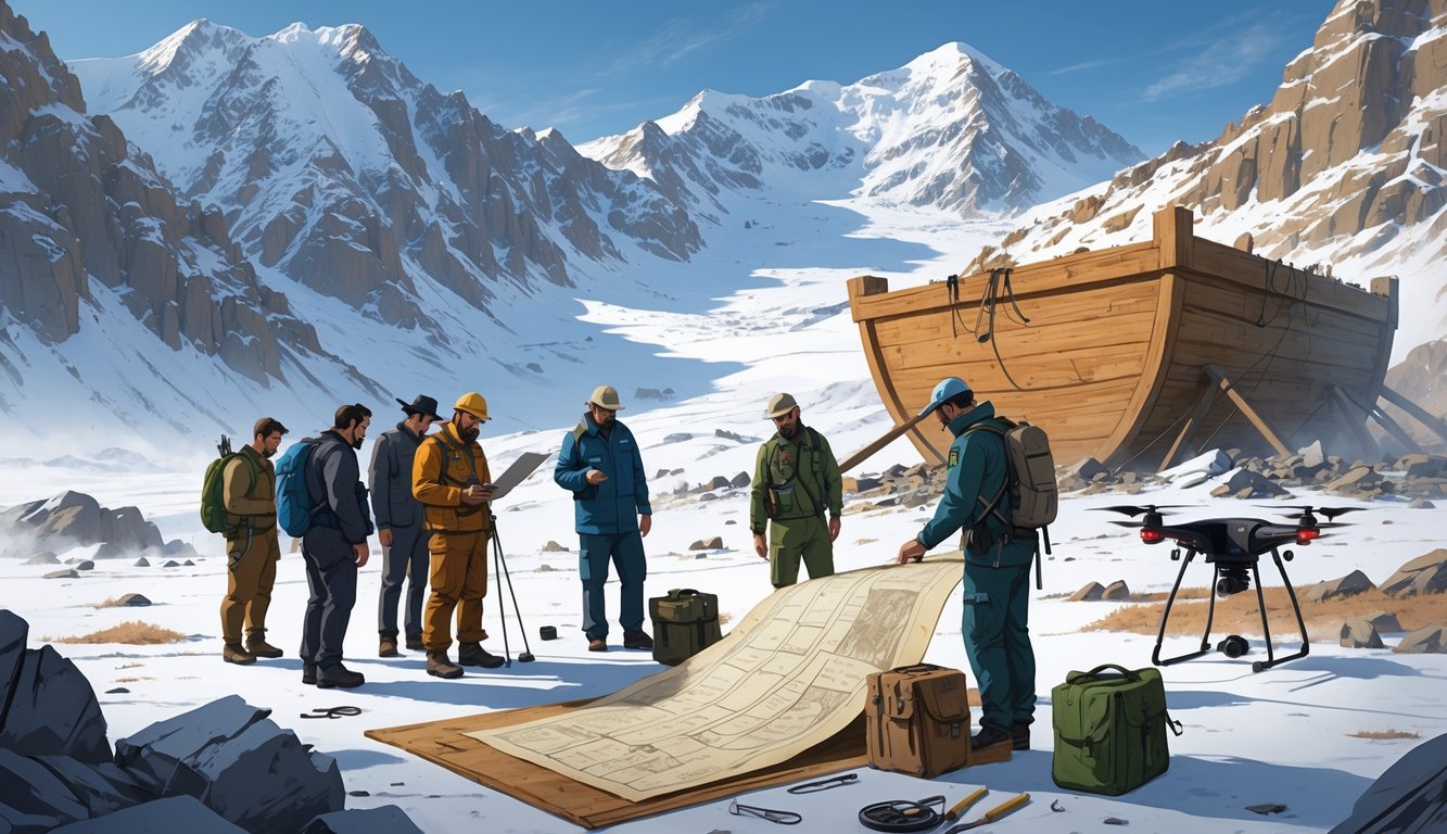 Researchers and officials examining maps and equipment on Mount Ararat with a large wooden ark structure partially embedded in the mountain.