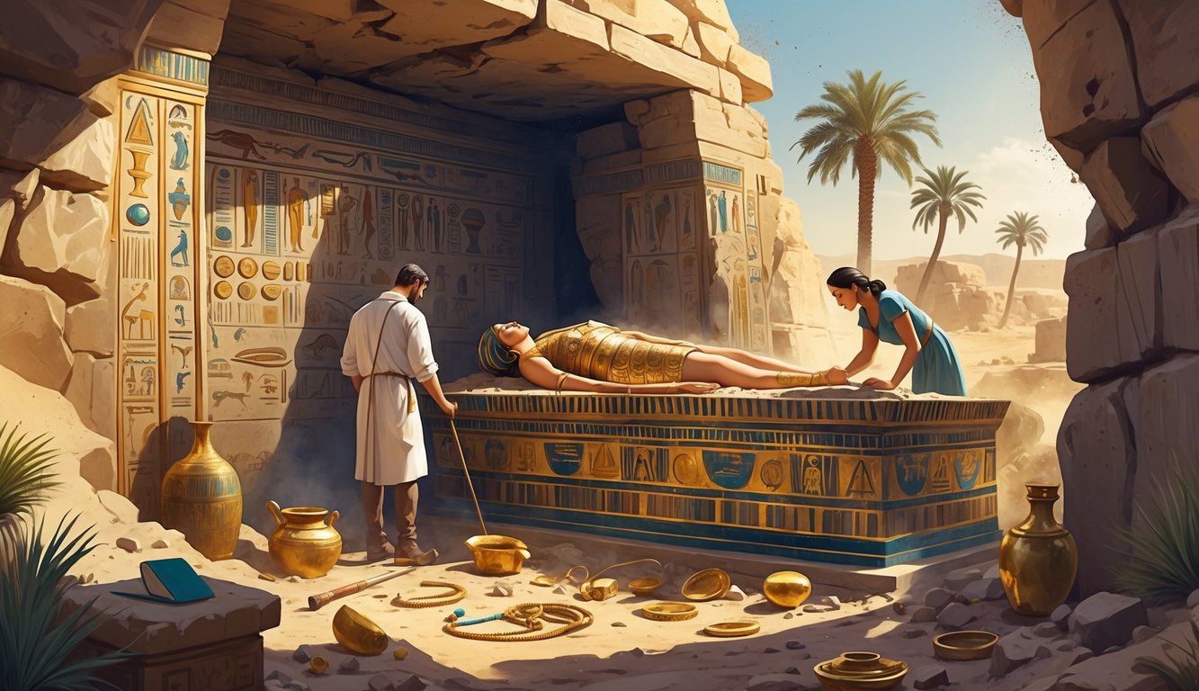 Archaeologists uncover an ancient tomb with Egyptian and Roman artifacts, including a decorated sarcophagus, inside a desert excavation site.