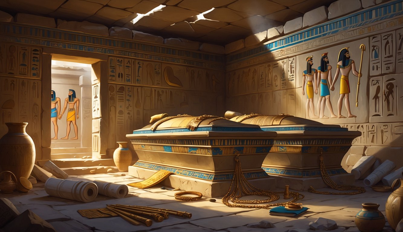 An ancient Egyptian burial chamber with two decorated sarcophagi side by side surrounded by artifacts and archaeological tools.