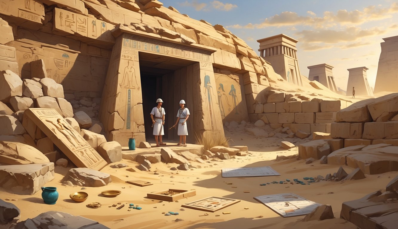 An archaeological excavation site revealing the entrance to an ancient tomb with two archaeologists examining artifacts and ruins in a desert setting.