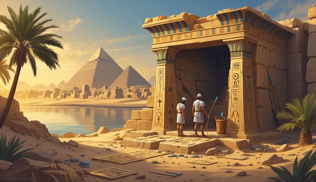 Archaeologists uncover an ancient Egyptian burial chamber near the Nile River, surrounded by desert and palm trees, with artifacts and inscriptions visible.