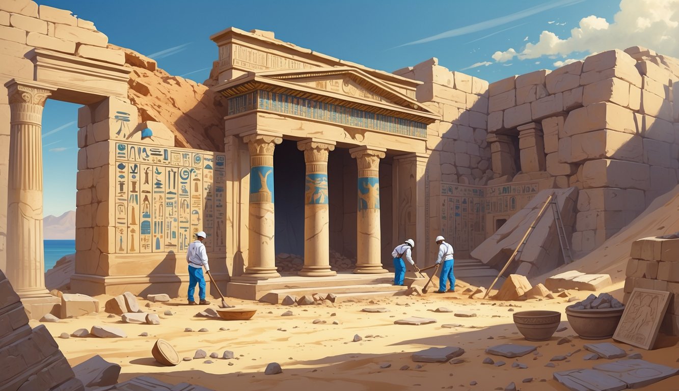 An archaeological excavation site at Taposiris Magna with archaeologists uncovering an ancient tomb surrounded by desert sands and artifacts.