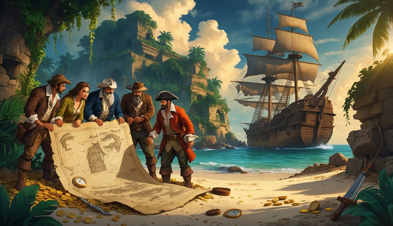 Explorers on a tropical island examining a treasure map near a pirate ship and ancient ruins, surrounded by jungle and pirate artifacts.