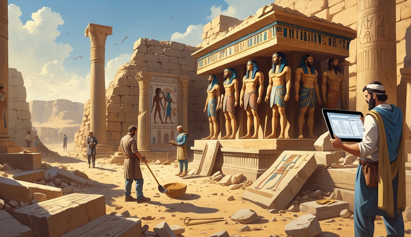 Archaeologists uncovering an ancient tomb in a desert, examining artifacts and ruins linked to Antony and Cleopatra.
