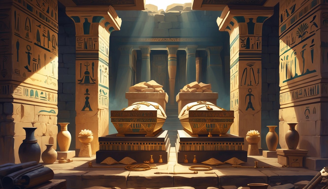 Interior of an ancient tomb showing two decorated sarcophagi side by side, surrounded by Egyptian and Roman funerary artifacts and carvings.