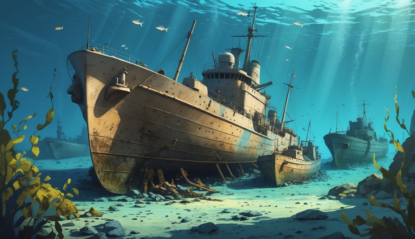 Underwater scene showing sunken World War I minesweeper ships resting on the seabed surrounded by marine life in the North Sea.