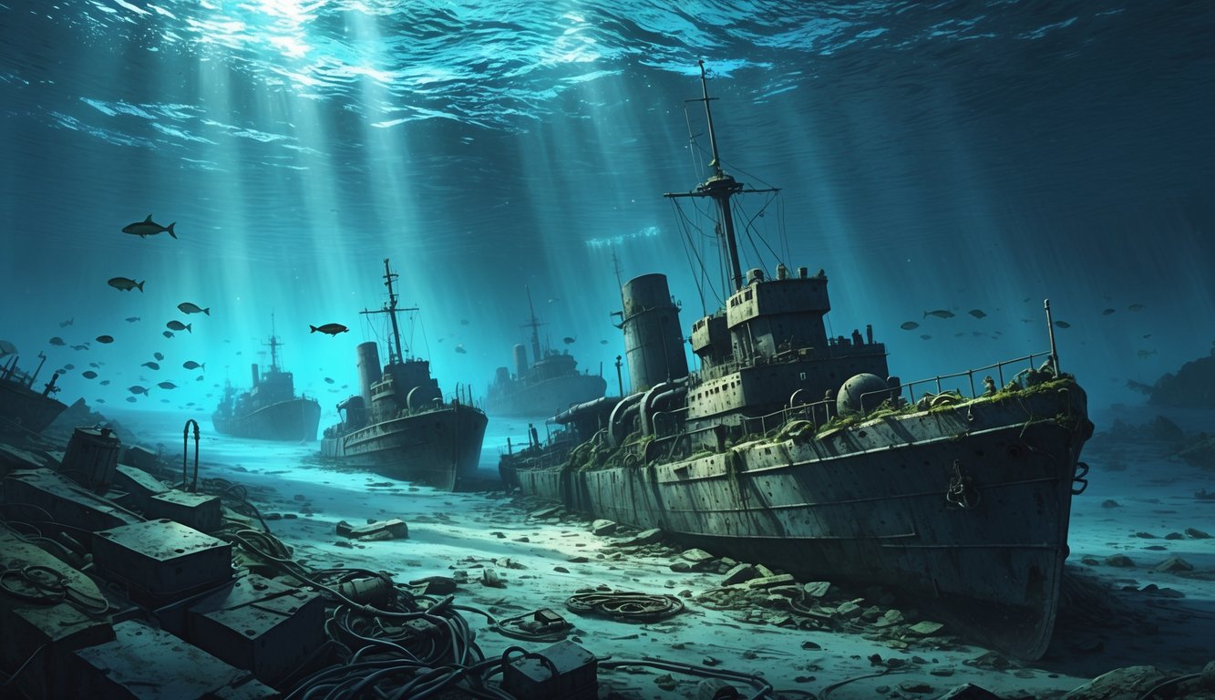 Sunken World War I minesweepers resting on the seabed underwater with fish swimming around and light filtering down from the surface.