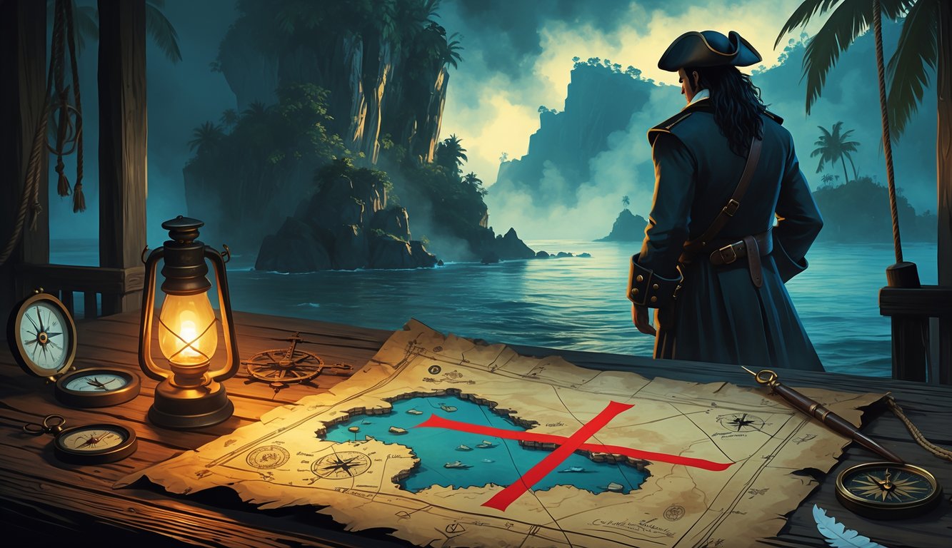 A pirate map on a wooden table with navigational tools, a mysterious pirate figure looking toward a misty island with cliffs and dense trees in the distance.