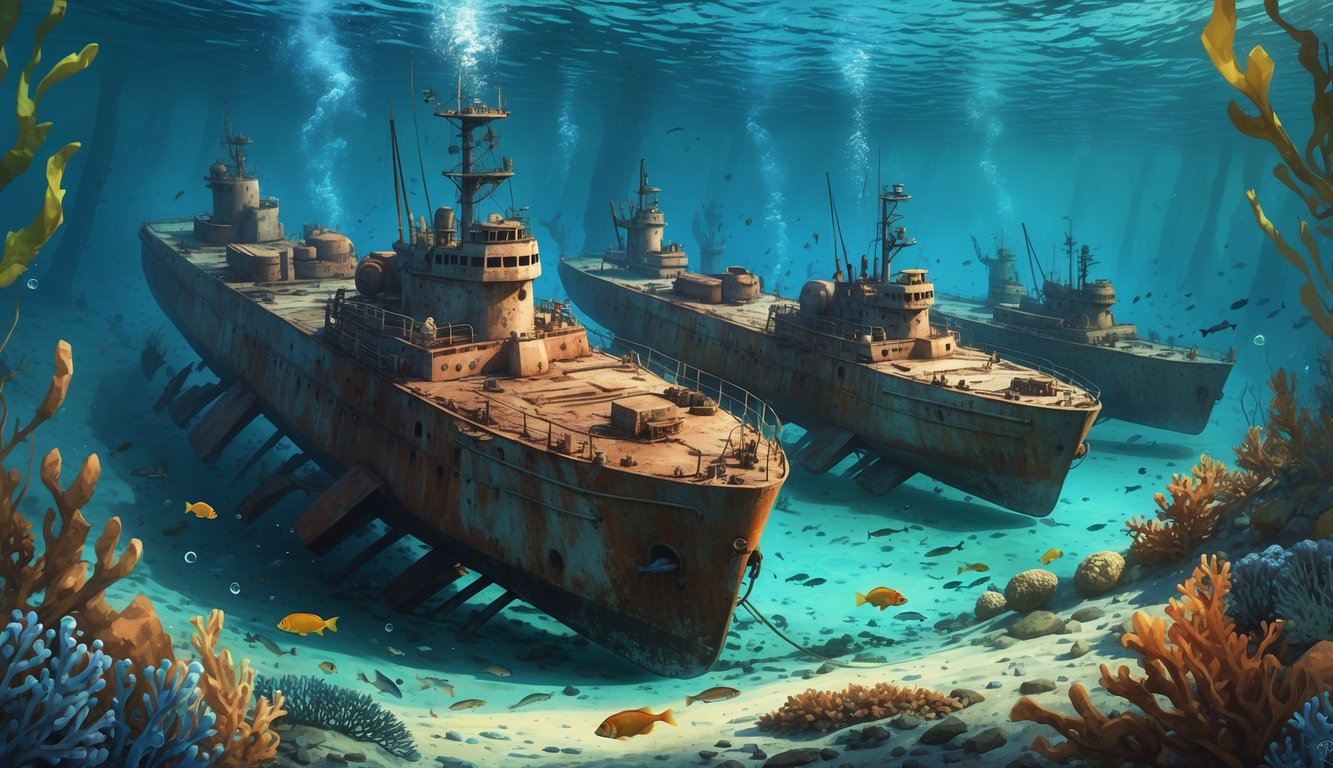 Underwater scene showing sunken World War I minesweepers on the seabed with marine life and a research vessel above deploying underwater exploration equipment.