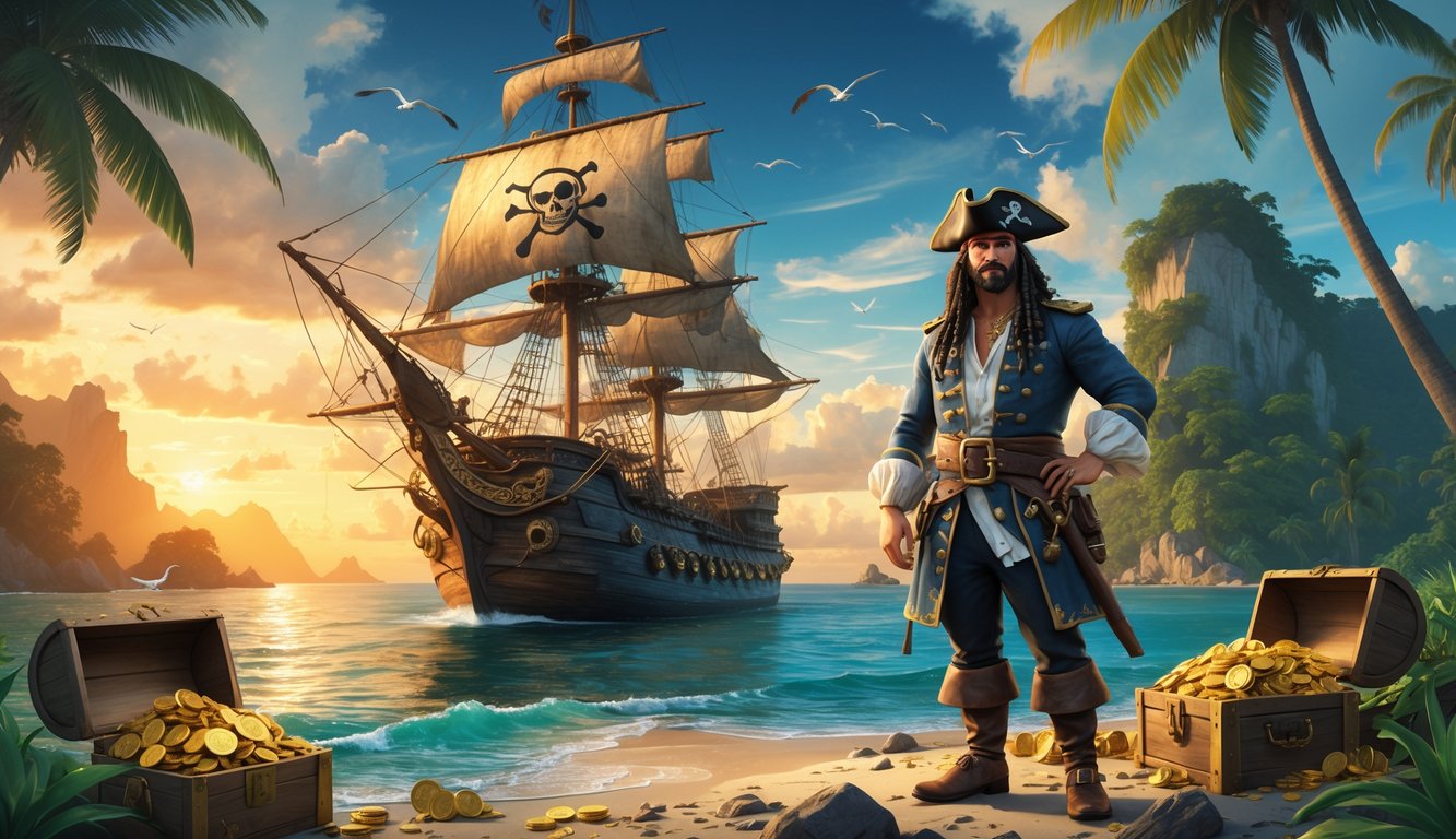 A pirate captain stands on a rocky shore near a pirate ship with treasure chests and a tropical island in the background at sunset.