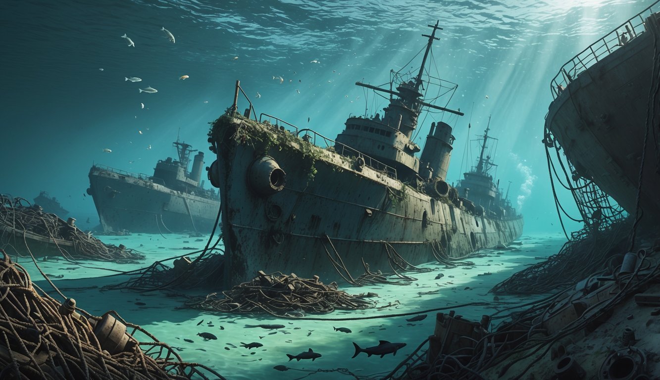 Sunken World War I minesweeper warships resting on the North Sea ocean floor surrounded by marine life and underwater exploration equipment.