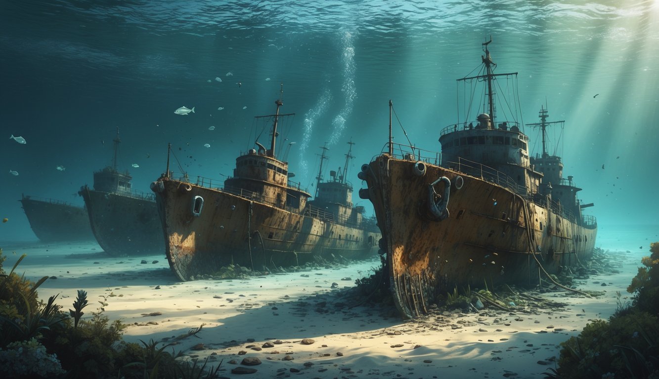 Underwater scene showing several sunken World War I minesweepers resting on the seabed of the North Sea, surrounded by marine life and underwater plants.