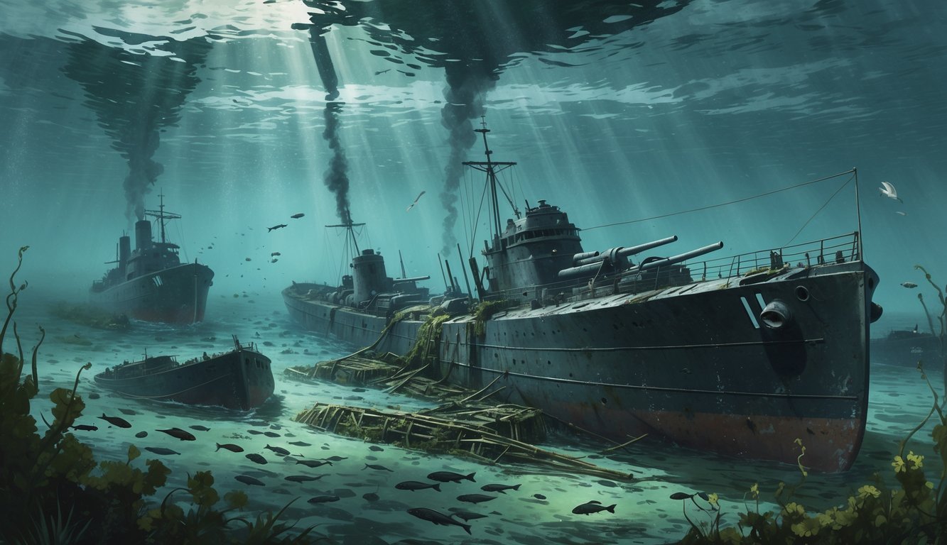 Sunken German U-boats and minesweepers resting on the seabed of the North Sea with marine life swimming around them.