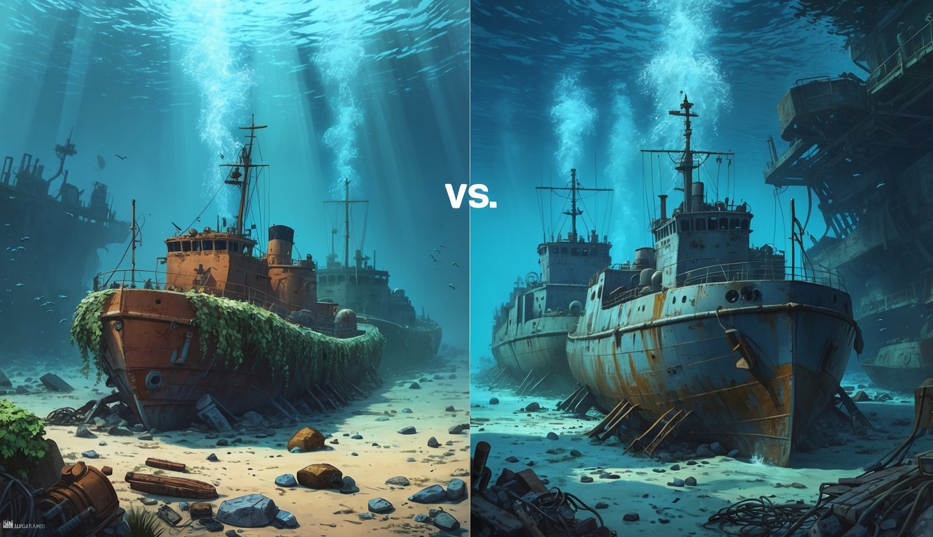 Underwater scene showing sunken World War I minesweepers and World War II shipwrecks resting on the seabed surrounded by marine life.