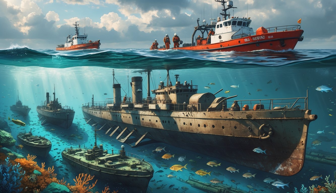 Underwater scene showing sunken WWI minesweepers in the North Sea with a research vessel and scientists conducting an exploration above the water.