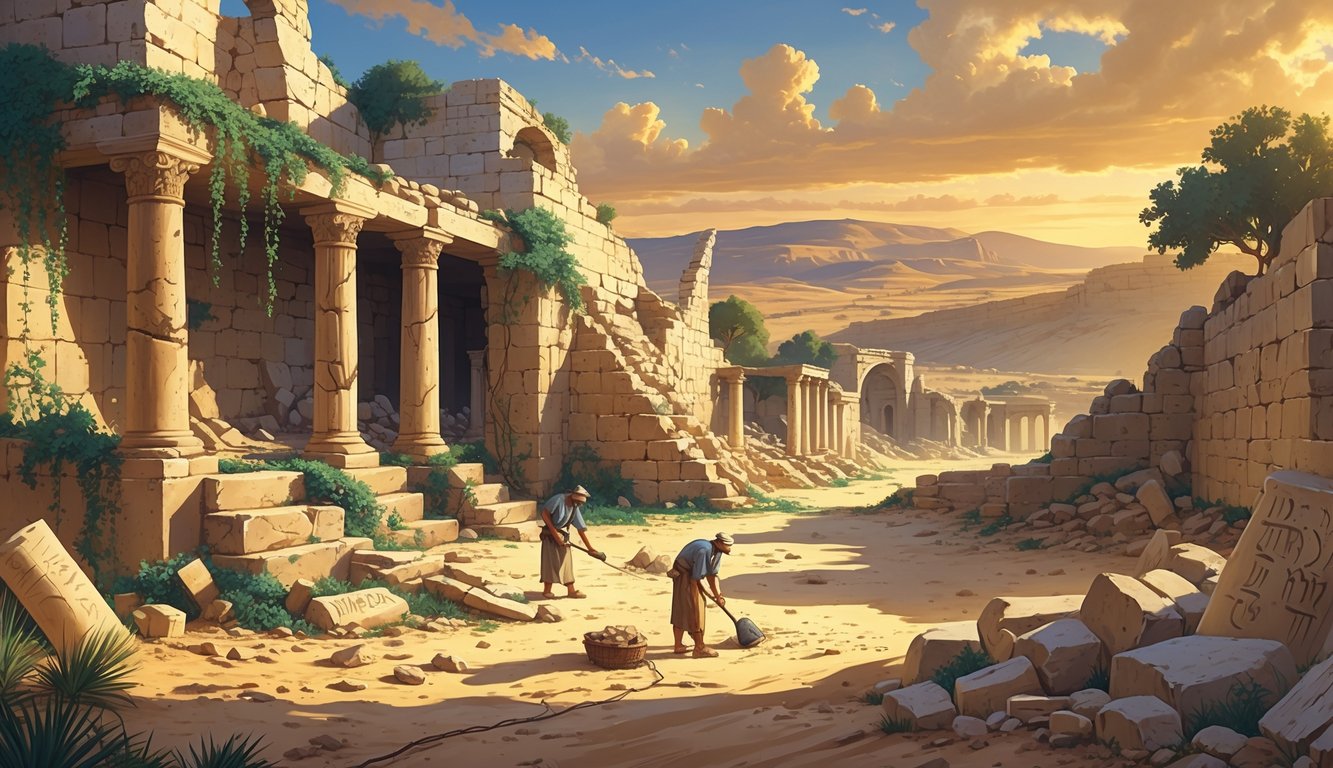 Ruins of an ancient biblical city with archaeologists excavating artifacts among broken stone buildings and columns in a desert landscape at sunset.