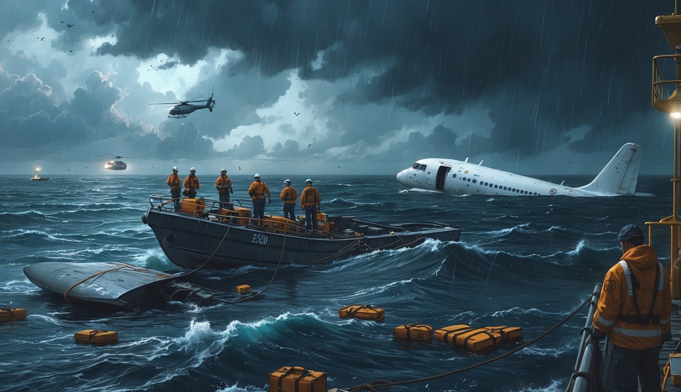 Investigators and rescue workers on a coast guard boat examining airplane debris floating in a stormy ocean with a partially submerged crashed plane visible in the background.