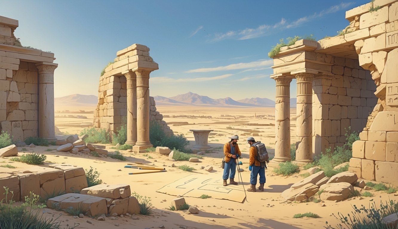 Archaeologists examining ancient ruins of a lost biblical city in a desert landscape with broken stone structures and scattered artifacts.