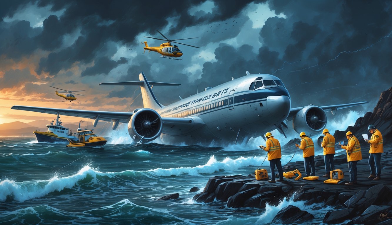 Investigators and rescue teams search stormy ocean waters and a rocky shore for debris from a partially submerged airplane under a cloudy sky.