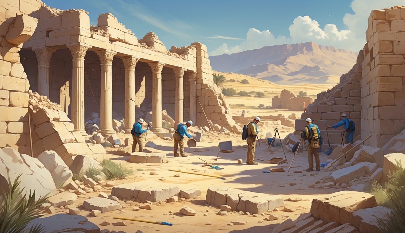 Archaeologists excavating ruins of an ancient biblical city in a desert landscape with stone walls and broken columns.