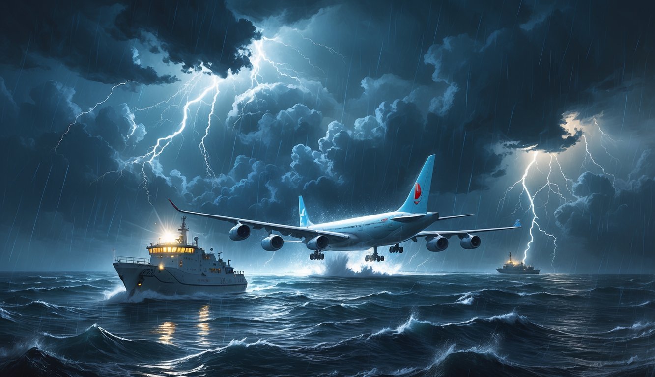 A passenger airplane flying through a stormy sky with dark clouds and lightning above a rough ocean, while a search ship and helicopter scan the water below.
