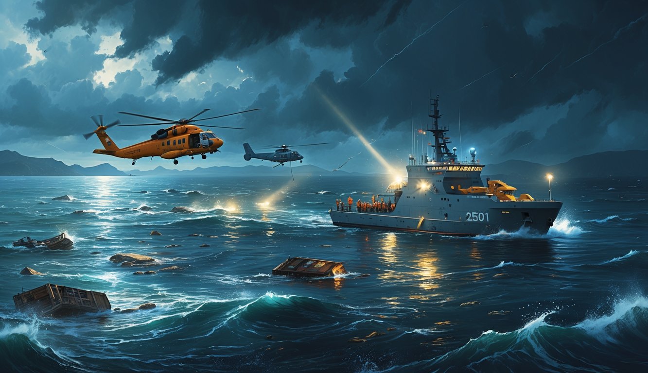 A search and rescue ship and helicopter scanning stormy ocean waters with floating debris, investigating a missing plane crash.