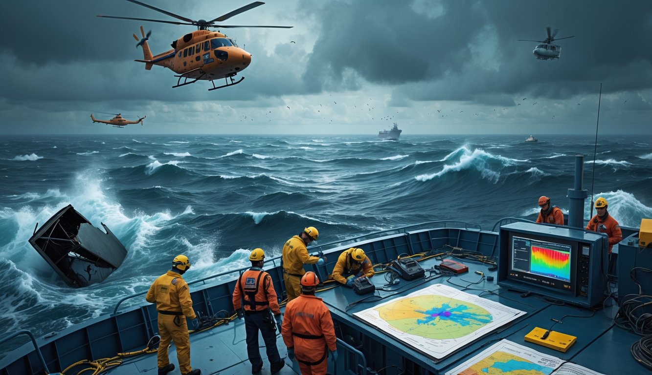 Search and rescue boats and helicopters scanning a turbulent ocean with investigators on a ship deck examining equipment, searching for a missing plane.