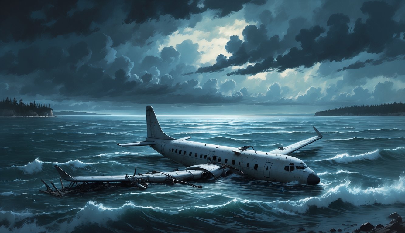 A turbulent lake with dark storm clouds overhead and partially submerged airplane wreckage beneath the water near a distant shoreline.