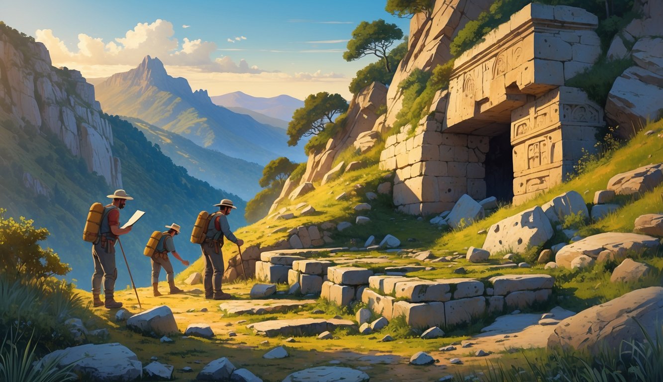 Archaeologists excavating an ancient stone site in a mountainous area searching for a hidden tomb.