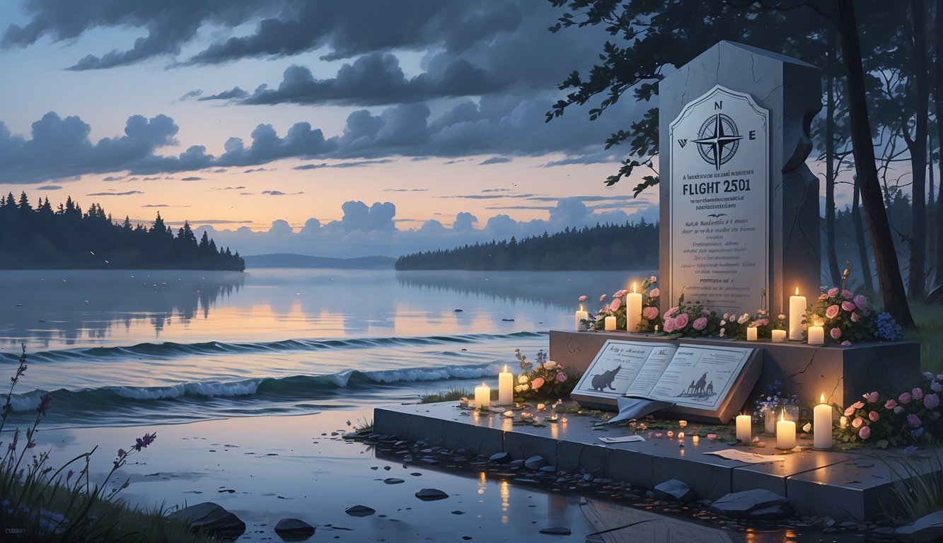 A lakeside memorial with a monument, flowers, and candles honoring the disappeared Flight 2501, with people nearby examining maps by the water at dusk.