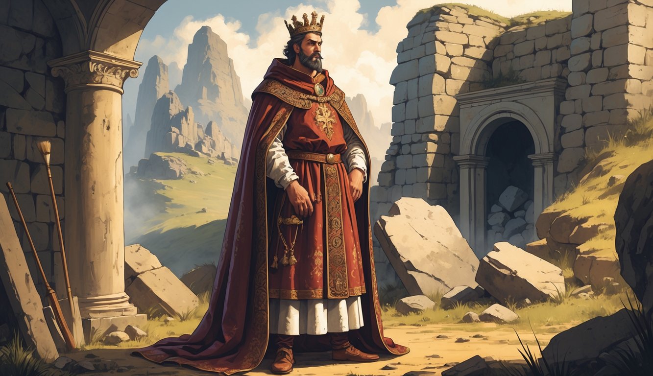 King Pelayo standing near ancient stone ruins and a partially uncovered tomb in a rugged landscape, with archaeological tools nearby.