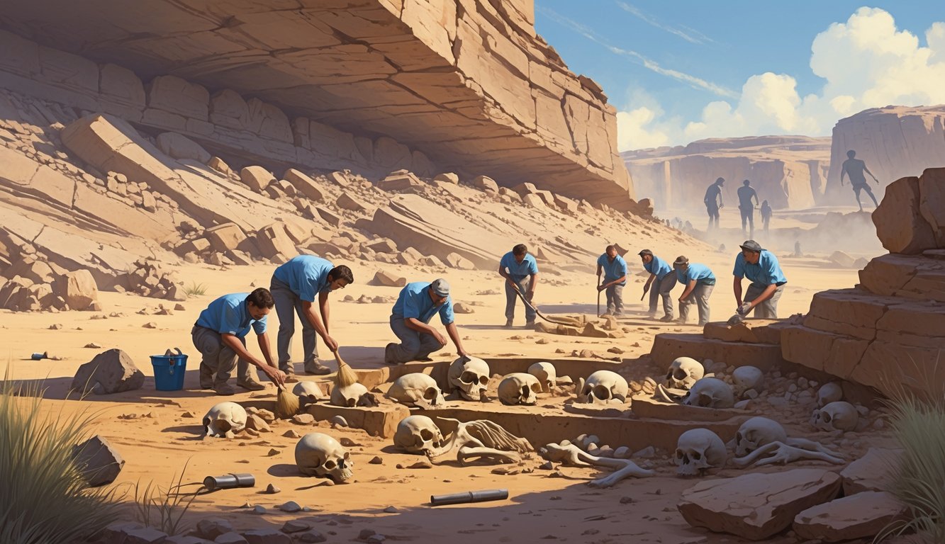 Scientists excavating fossils at a rocky dig site with ancient bones and skull fragments, surrounded by layered rocks and faint images of early human ancestors in the background.