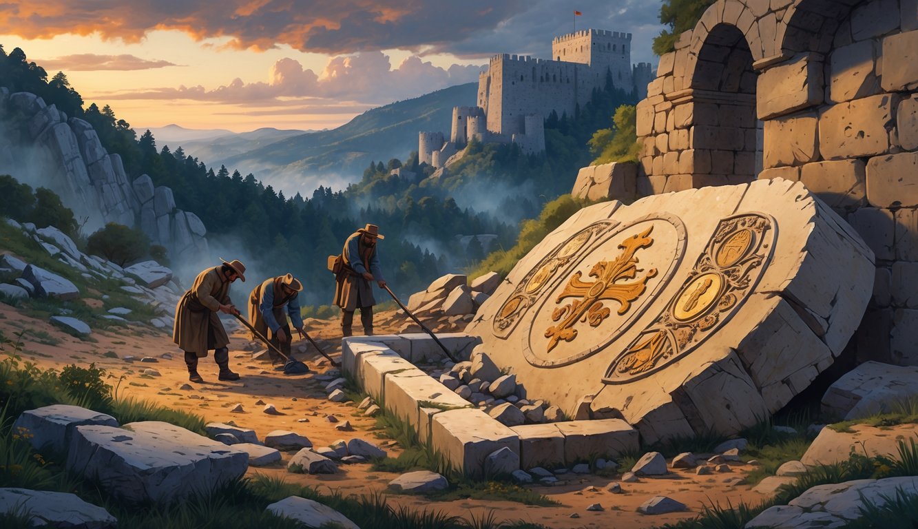 Archaeologists excavating an ancient stone sarcophagus in a mountainous landscape with medieval ruins and a castle in the background.