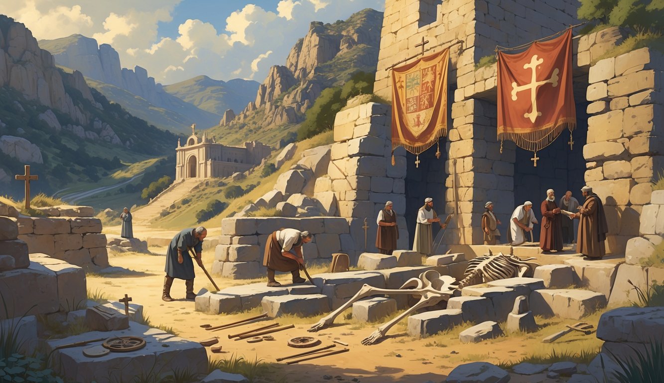 Archaeologists uncover ancient remains and artifacts at a mountainous excavation site with medieval Spanish buildings in the background.