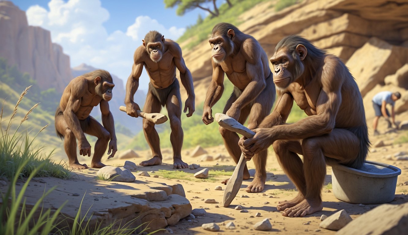 A group of early human ancestors near rocks, one holding a stone tool, with paleontologists excavating fossils in the background.