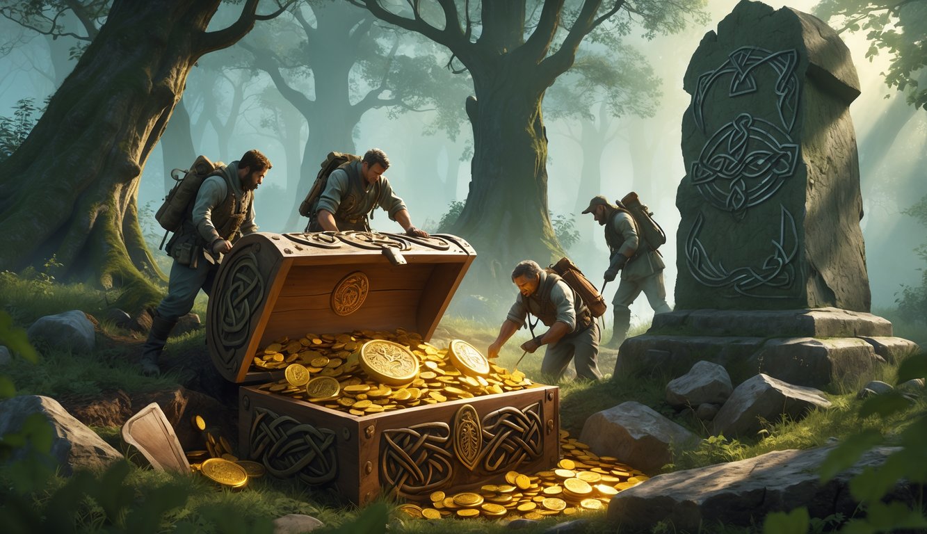 Explorers uncover a partially buried ornate chest filled with gold coins and jeweled artifacts in a misty ancient forest with Celtic symbols around.