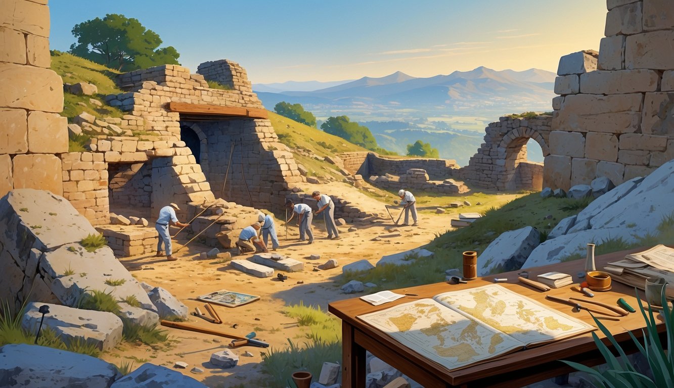 Archaeologists excavating an ancient burial site in a rugged landscape, examining artifacts and studying old maps and manuscripts.