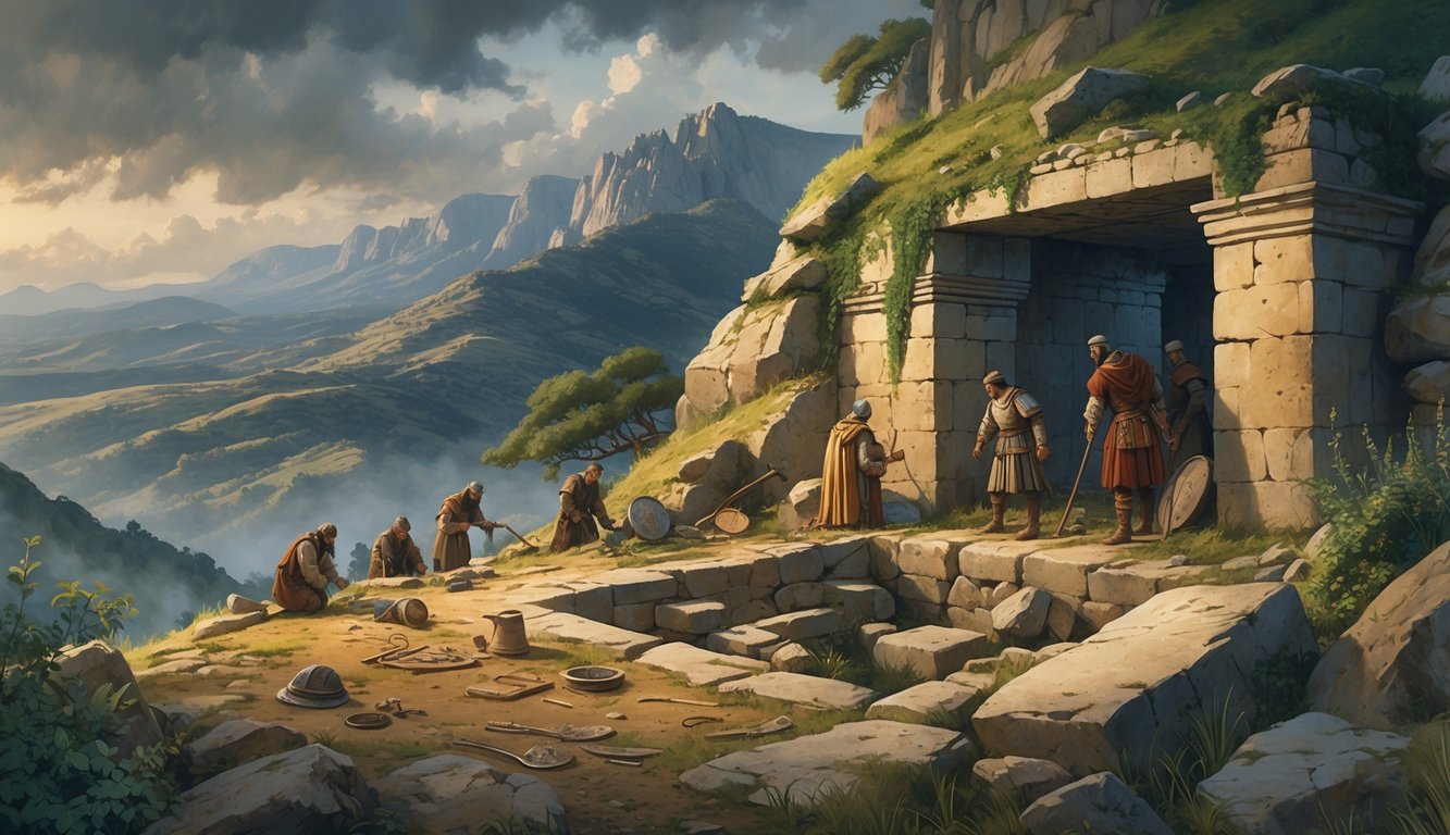 Archaeologists excavating an ancient stone site on a Spanish hillside surrounded by mountains, searching for a lost king's tomb.