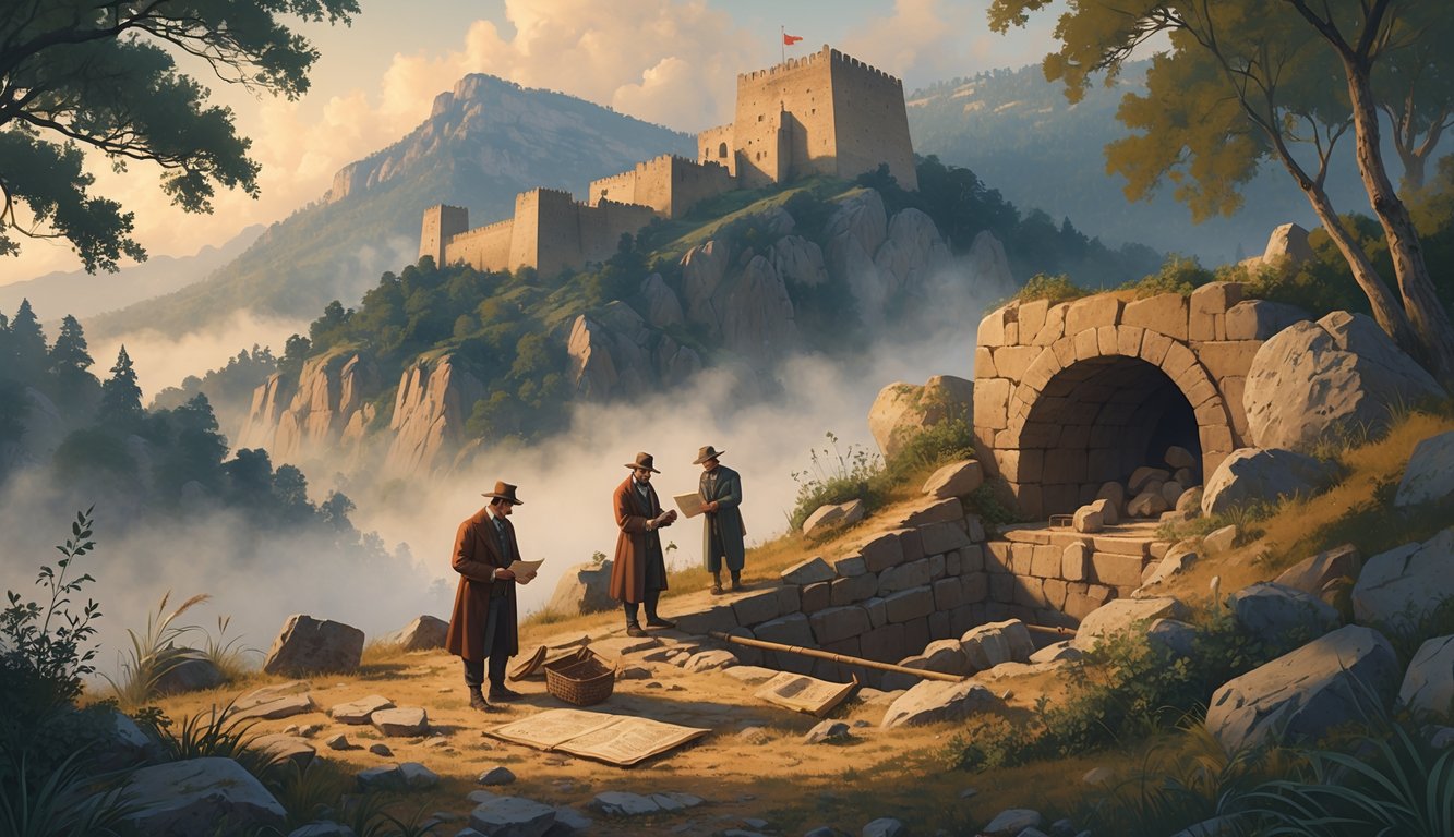 Archaeologists examining an ancient tomb in a mountainous forest near a medieval fortress, searching for King Pelayo's remains.