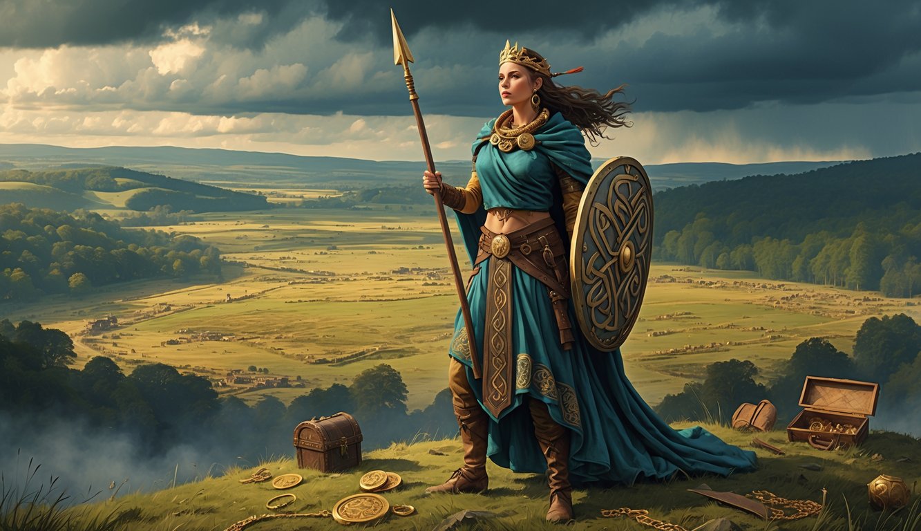Queen Boudica stands on a hill overlooking an ancient battlefield with scattered treasures and a forest in the background.