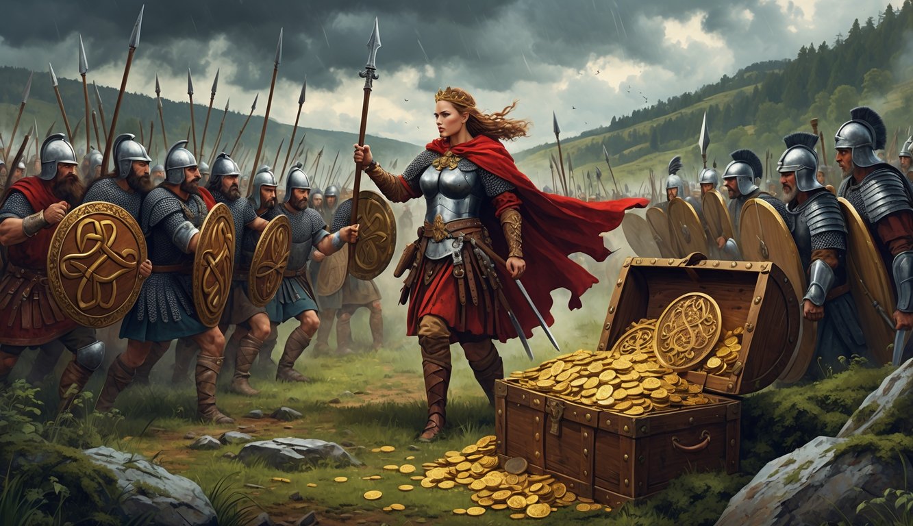 A fierce Celtic queen leads her warriors in battle against Roman soldiers on a rugged battlefield, with a partially buried treasure chest filled with gold and jewelry in the foreground.