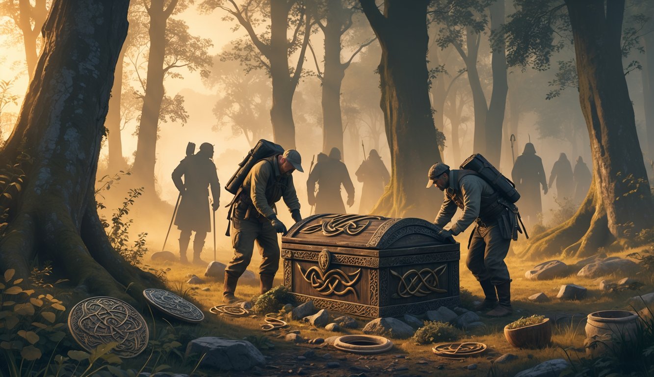 A group of archaeologists uncover a decorated chest and ancient artifacts in a misty forest clearing, with ghostly figures of Celtic warriors and Queen Boudica appearing in the background.