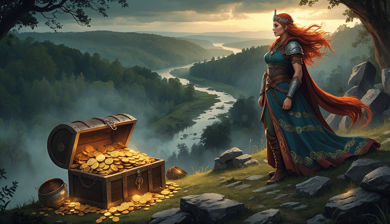 A fierce Celtic queen stands on a hill overlooking a forest and river, with a treasure chest filled with gold and jewelry partially buried in the ground nearby.