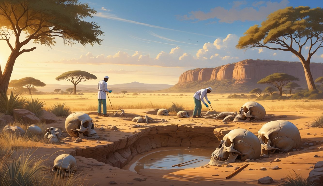 An archaeological excavation site in an African savanna where scientists are uncovering early human fossils surrounded by trees and hills under a clear sky.