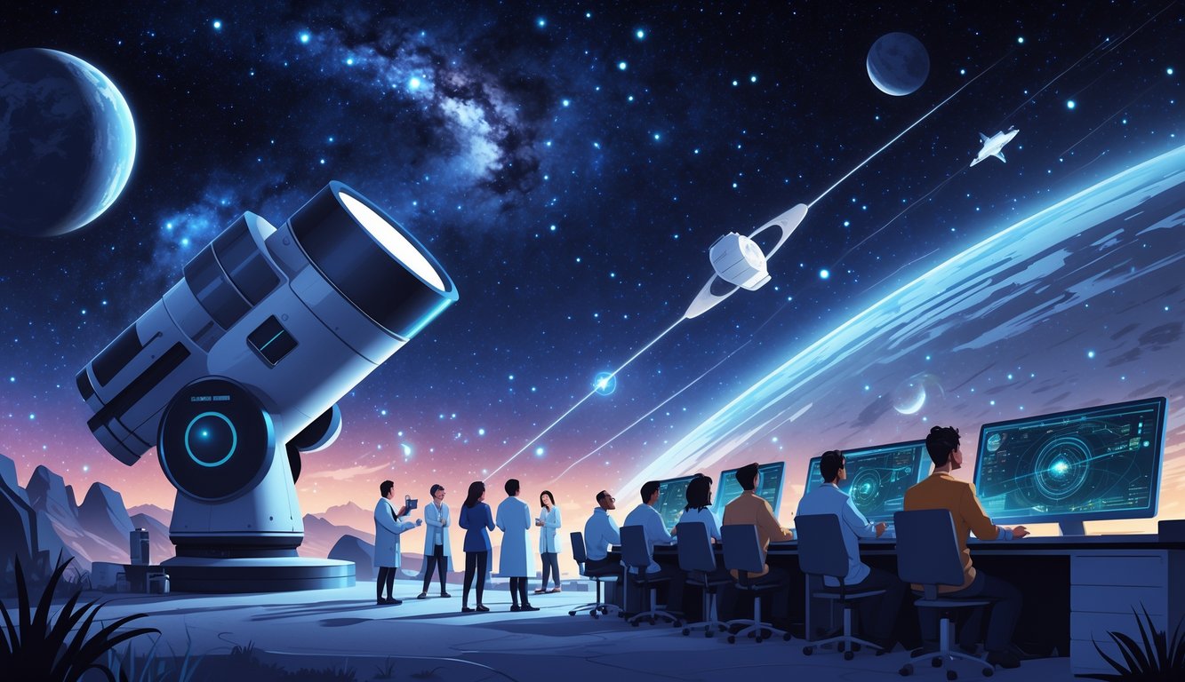 Scientists at an observatory studying the night sky filled with stars, planets, and distant galaxies, with a space probe orbiting a planet in the background.