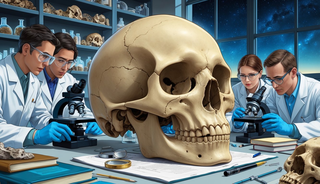 Scientists examining a unique elongated skull on a lab table surrounded by scientific tools and fossils, with a starry night visible through a window.
