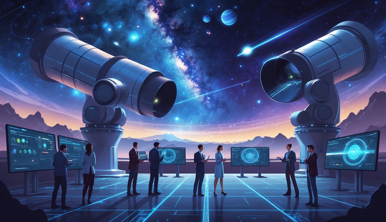 Scientists at a futuristic observatory studying data while telescopes point toward a starry sky with distant planets and galaxies.