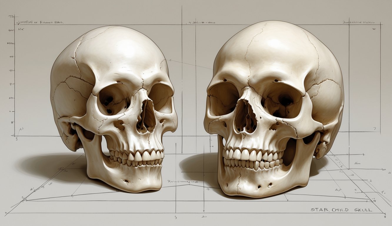 Two skulls side by side, one normal human skull and one elongated skull with large eye sockets, shown for comparison on a neutral background.