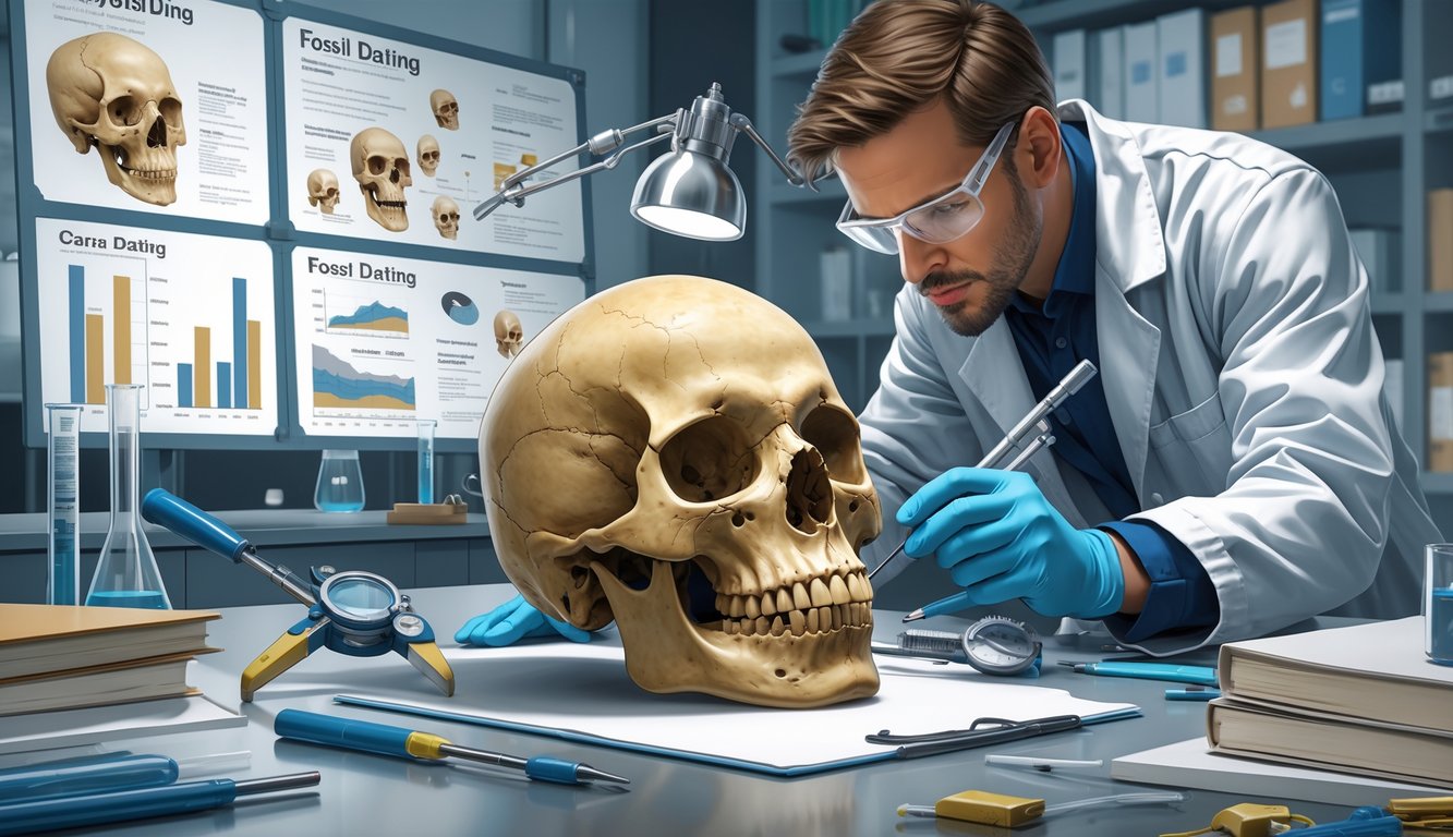 A researcher in a lab coat examines an unusual skull on a table surrounded by scientific tools and charts in a laboratory.
